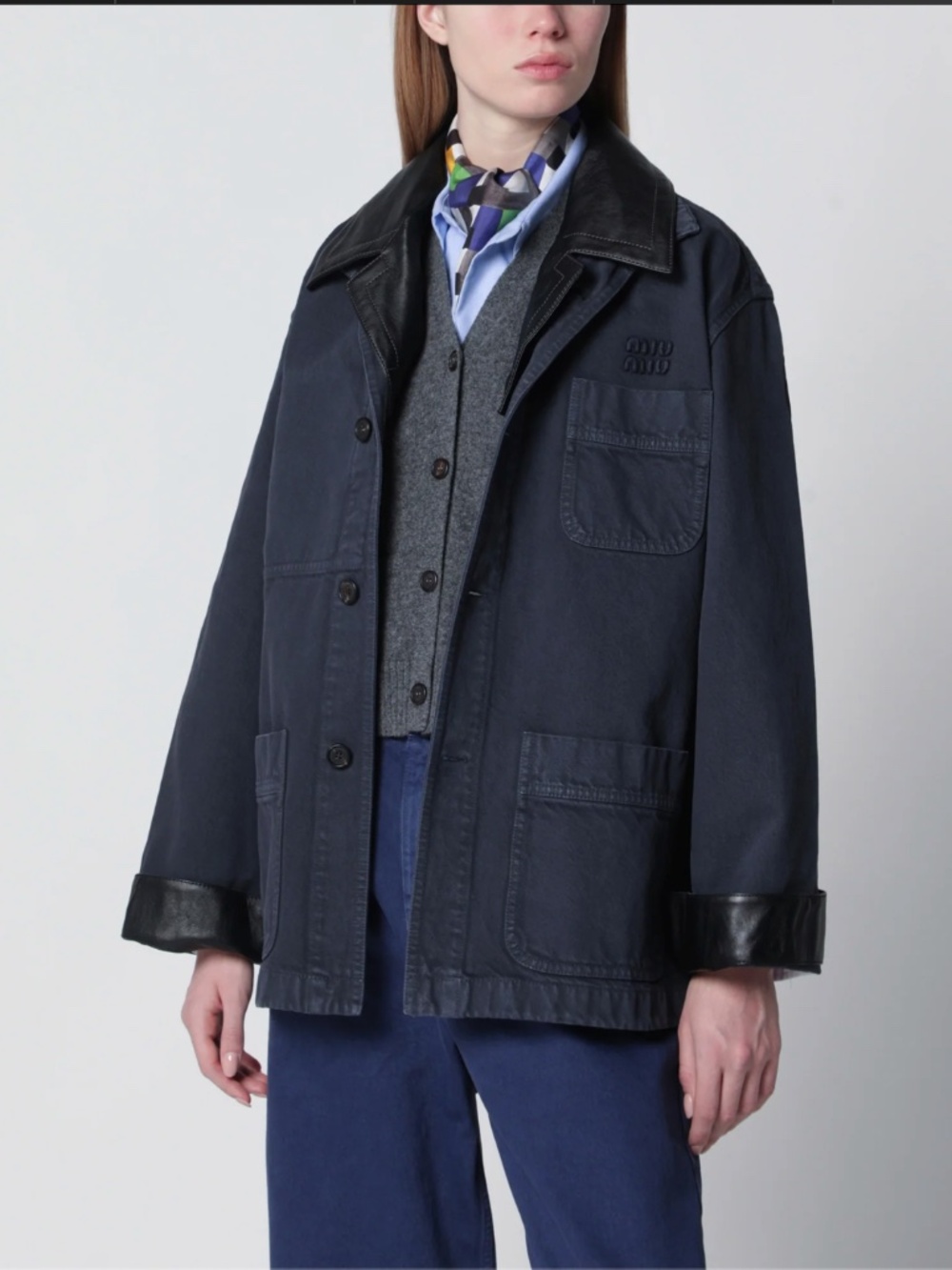 New w/tags Miu Miu Single-breasted garment-dyed gabardine/leather jacket IT38